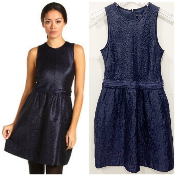 Theory Mildra Linden Fit & Flare Wool Blend Dress Navy Blue Textured Size 6 - Picture 1 of 13